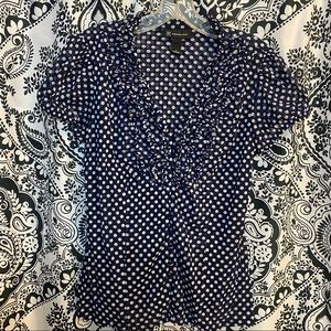 Navy Blue Blouse with Polkadots and Ruffled Neckline